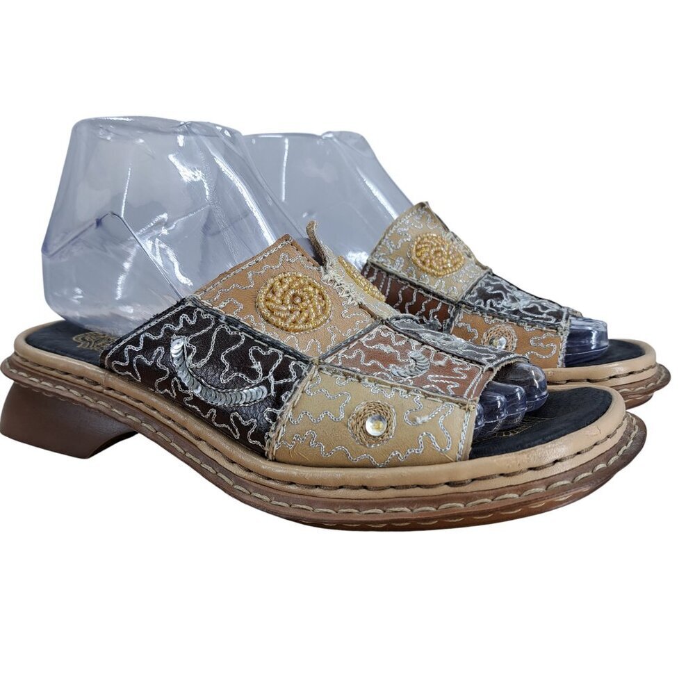 Rieker Embroidered Beaded Slide Comfort Sandals Size 37 US 6 Y2K Boho Patchwork